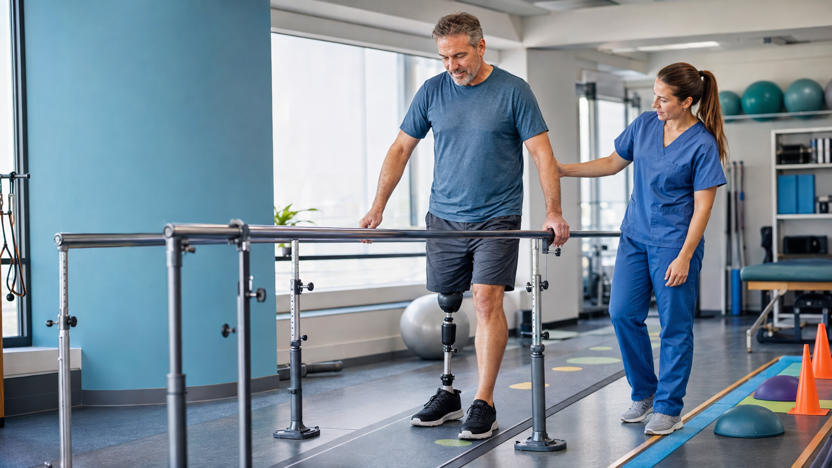 Lower-limb prosthesis user practicing balance safely